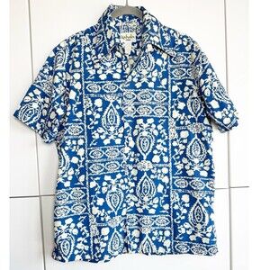 Vintage Kahala Shirt Mens Medium Hawaiian Button Up USA Blue Cream